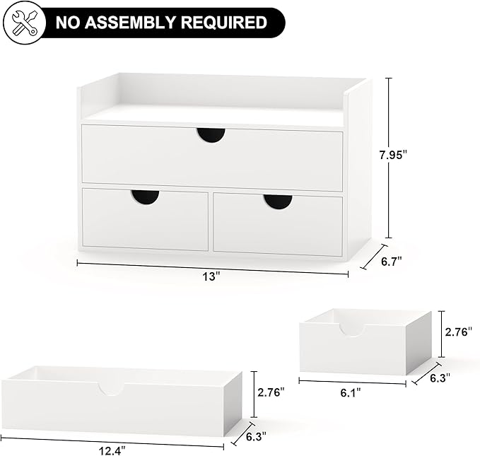 Wisuce Bamboo Desk Organizer - Mini Bamboo Desk Drawer Tabletop Cosmetic Storage Organization for Office or Home White with Shelf