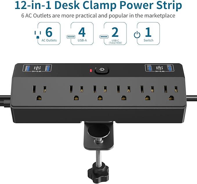 Desk Clamp Power Strip with 40W Fast Charging Station, JXGUCAT 10ft Flat Plug Power Strip Surge Protector, 2 USB-C Ports, 6 AC Outlets, Fit 2.48" Tabletop Edge, Home Office Desk Accessories Essentials