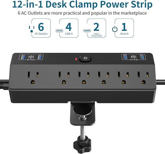 Desk Clamp Power Strip with 40W Fast Charging Station, JXGUCAT 10ft Flat Plug Power Strip Surge Protector, 2 USB-C Ports, 6 AC Outlets, Fit 2.48" Tabletop Edge, Home Office Desk Accessories Essentials