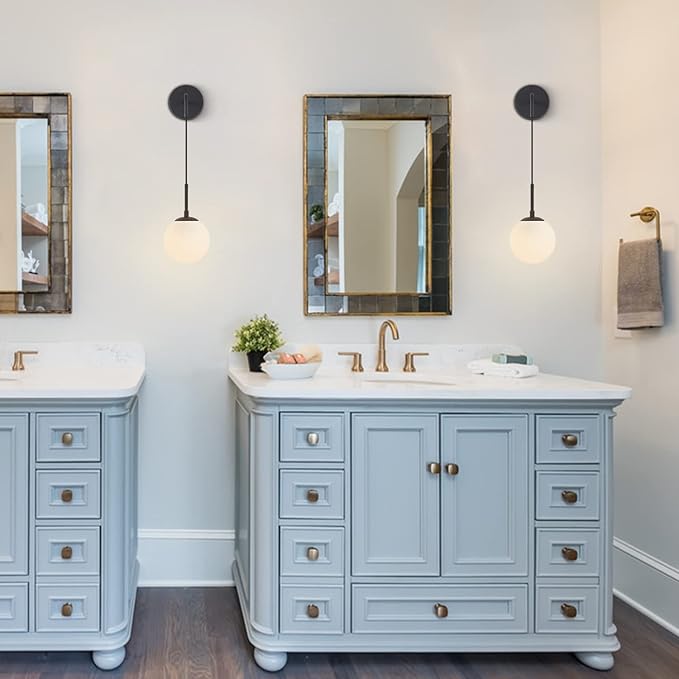 BOKT Lighting Black 1-Light Frosted White Glass Wall Sconce Mid Century Modern Globe Ball Bathroom Wall Light Rustic Industrial Bedroom Bedside Wall Reading Lamp (Black+White)