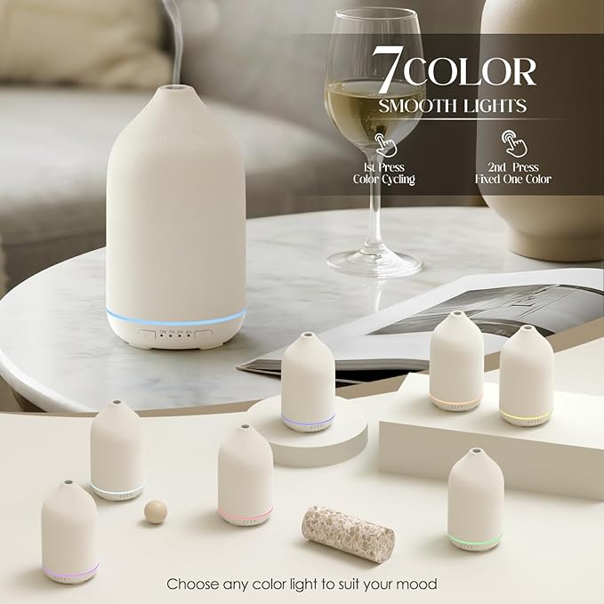 SALKING 200ml Ceramic Essential Oil Diffuser, Stone Diffusers for Essential Oils, Ultrasonic Aromatherapy Diffusers with with 7-Color LED Lights Timers, for Office Bedroom Home (White)