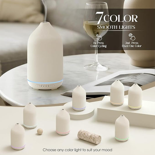 SALKING 200ml Ceramic Essential Oil Diffuser, Stone Diffusers for Essential Oils, Ultrasonic Aromatherapy Diffusers with with 7-Color LED Lights Timers, for Office Bedroom Home (White)