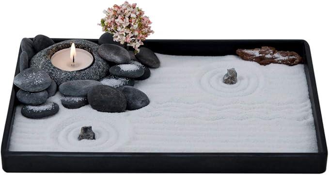 Handmade Zen Garden Pebbles Candle Holder Set with Zen Garden Tools, Sand, Base Tray and Free Accessories