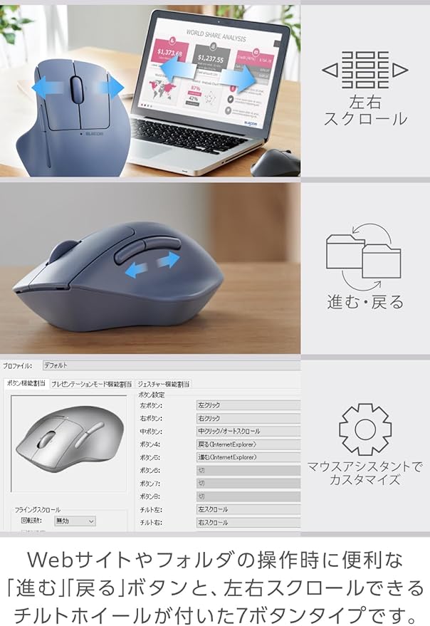 ELECOM Shellpha Bluetooth Wireless Mouse, Silent Click, Ergonomic 7 Programmable Buttons, Connect to 3 Devices, 2.4GHz USB Multi-Device Connection, Tilt Scroll, 2000 DPI, PC Laptop Mouse (Navy Blue)