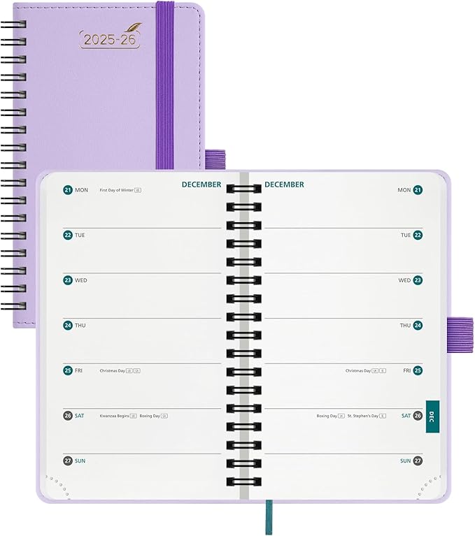 BEZEND Pocket Planner 2025-2026 Weekly with 2 Columns, 18-Month Academic Calendar (Jul 25-Dec 26), Life Work App., Storage Pocket, Pen Holder, PU Leather Softcover 3.5" x 6" Spiral - Lilac