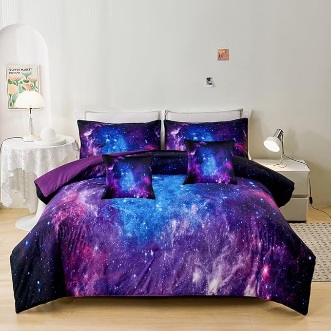 Galaxy Full Bedding Sets,7PCS Galaxy Comforter Sets,Purple Comforter,Girls Bed Sets Full,Bed in a Bag with Flat Sheet and Fitted Sheet,Pillowcases,Cushion Covers for Girls