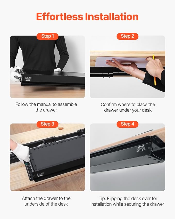 VEVOR Under Desk Drawer Slide Out, 26 inch Under Desk Mounted Pull-out Drawer Attachment, Hidden Under Counter Drawers for office Home Sit Stand Workstation, Black