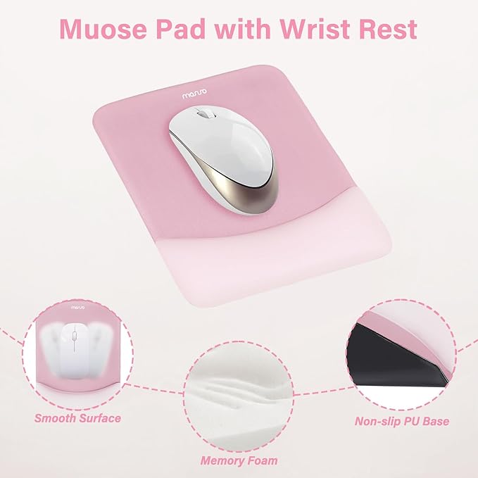 MOSISO Wrist Rest Support for Mouse Pad&Keyboard Set, Rectangular Ergonomic Mousepad Non-Slip Base Home/Office Pain Relief&Easy Typing Pad with Neoprene Cloth&Raised Curved Memory Foam, Pink