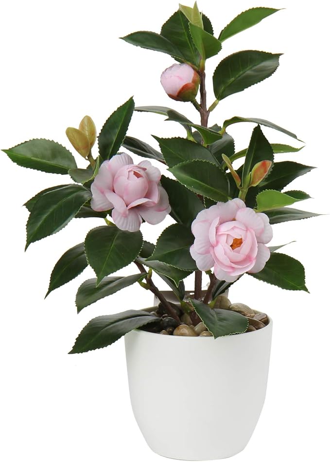 Briful Artificial Plants Mini Camellia Potted Fake Plants Small Faux Plastic Plants Desk Plant Artificial Flowers with Vase for Home Office Desk Kitchen Garden Indoor Decor