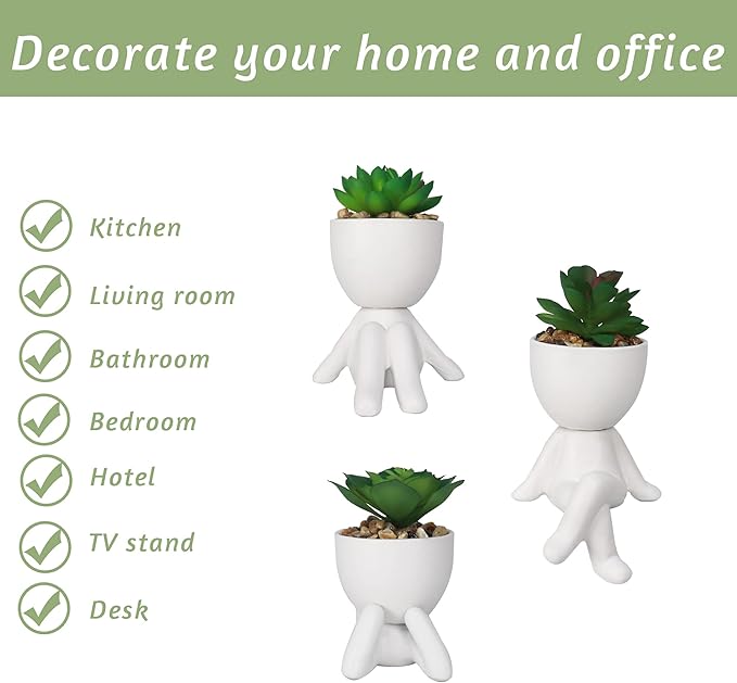 Zerzsy 3 PCS Artificial Succulent Plants, Faux Succulents Mini Plants for Office Women Desk Decor,Cute Succulent Bedroom Aesthetic Office Cubicle Decoration for Bookshelf Decor (Ceramic White)