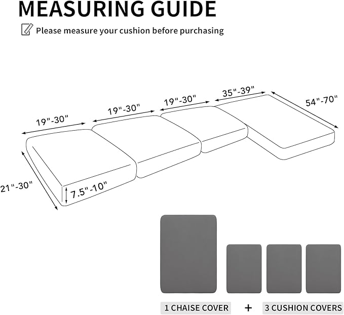 Easy-Going 100% Waterproof 4 Pieces Couch Cushion Covers for Sectional Sofa Left/Right L Shape Chaise Lounge Sofa Seat slipcover Anti-Slip Sofa Cover (3 Seater + 1 Chaise, Light Gray
