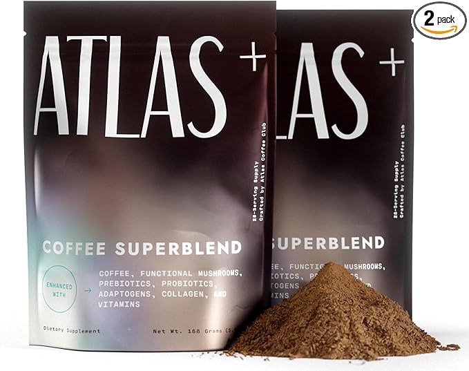 Atlas+ Coffee Superblend– Instant Mushroom Coffee with Lion’s Mane, Reishi, Cordyceps, Ashwagandha, Probiotics, Vitamin D3 & B12– for Energy, Focus, Immunity & Gut Health– 56 Servings (2 Bags)