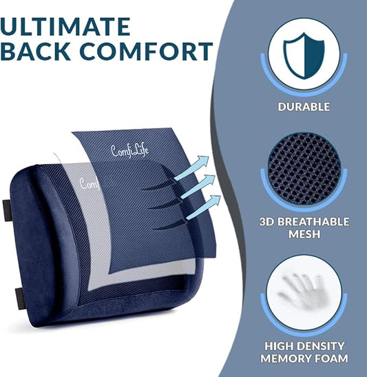 ComfiLife Lumbar Support Back Pillow Office Chair and Car Seat Cushion - Memory Foam with Adjustable Strap and Breathable 3D Mesh (Navy)