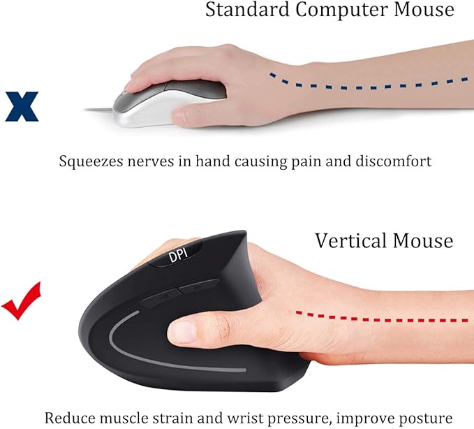More&Better Ergonomic Wireless Mouse - Rechargeable 2.4G Optical Vertical Mice, 800 / 1200 /1600 DPI, 5 Buttons for Laptop, Desktop, PC, MacBook, gray black ergonomic mouse