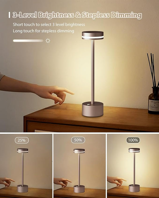 Modern Rechargeable Cordless Table Lamp, Aluminum Shell Dimmable Battery Powered Lamp, 4000mAh Certified Battery, 3000K Portable Warm White Bedside Lamp, Pack of 2 (Brown)