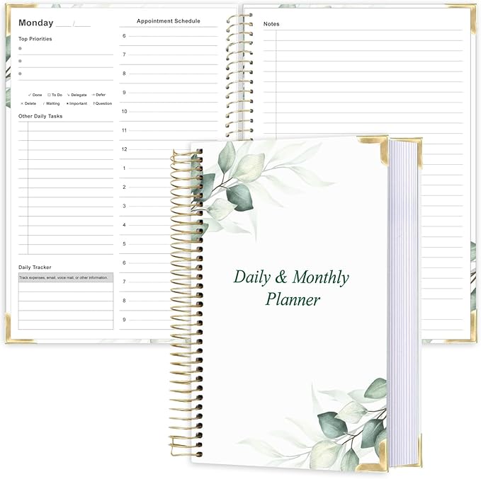 Undated Daily Monthly Planner for 2025 2026 - A5 To Do List with Hourly Schedule, Hardcover Spiral Bound Daily Planner to Increase Focus, Stylish School/Office Supplies, 5.8" x 8.5", Green Leaf