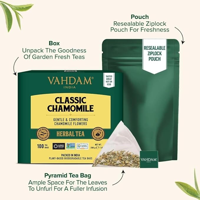 VAHDAM, Chamomile Herbal Tea (100 Pyramid Tea Bags) Resealable Ziplock Pouch | Caffeine Free, Non GMO, Gluten Free | 100% Pure Tisane - Sweet & Floral | Made With Natural Chamomile Flowers