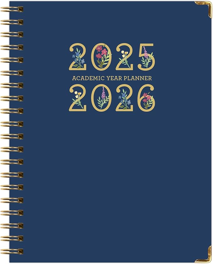 HARDCOVER Academic Year 2025-2026 Planner: (June 2025 Through July 2026) 8.5"x11" Daily Weekly Monthly Planner Yearly Agenda. Bookmark, Pocket Folder and Sticky Note Set (Navy Gold Numbers)