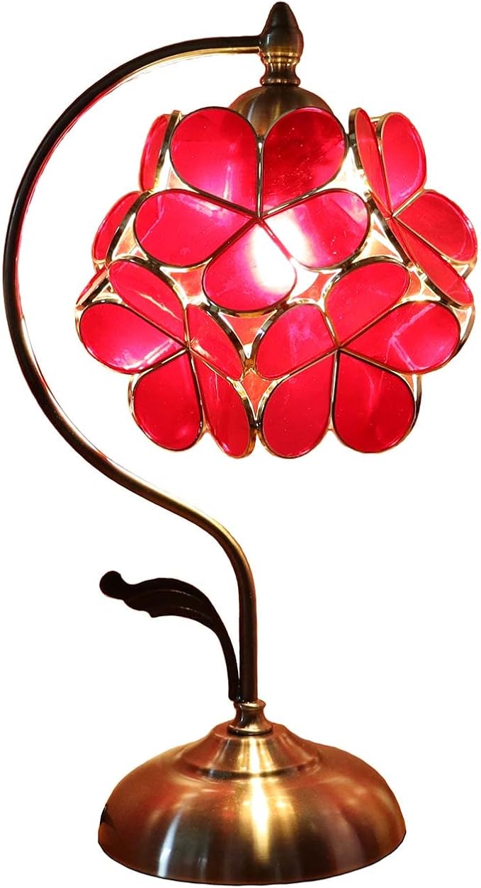 Bieye L10874 Tiffany Style Stained Glass Flower Petal Table Lamp with Brass Base for Home Décor (Red, 8" Cherry Blossom)