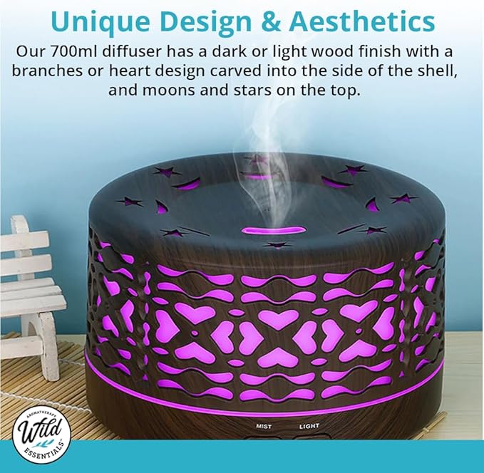 Wild Essentials 700ml Designer Large Room Essential Oil Diffuser, 5 in 1 Ultrasonic Aromatherapy Vaporizer Cool Mist Humidifier, Home, Office Bedroom, Timer Auto-Off, 7 Color LED, Light Wood Branches