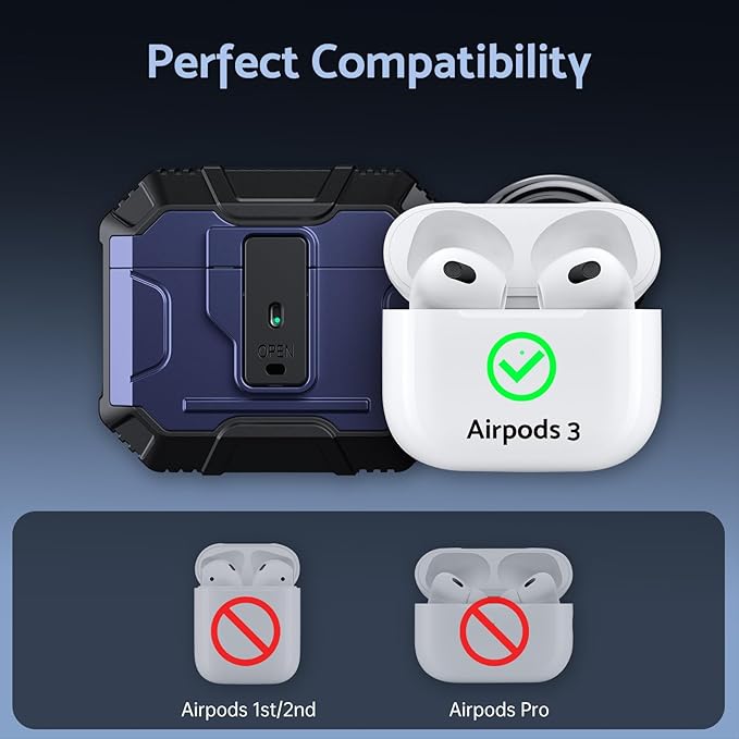 DASFOND Armor Cover Airpods 3 Generation Case, Military Grade Full Body Shockproof Protection Hard Case, Support Wireless Charging with Keychain, Magnetic Lid, Front LED Visible, Blue