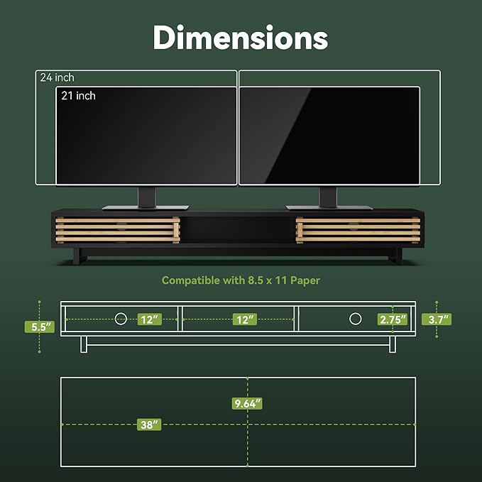 Dual Monitor Stand Riser with Sliding Door, Double Computer Laptop Stand Desk Shelf Organizer with Storage (Black + Natural Bamboo, 38 Inch)