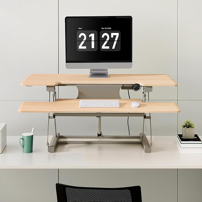 32" Electric Standing Desk Converter, Dyropcurv Series Height Adjustable Computer Desk Ergonomic Home Office Desk for Adults, Sit to Stand Desk with Quiet Motor, Light Wood