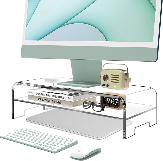 Acrylic Monitor Stand 2-Tier Riser, Clear Desktop Organizer for Computer and Laptop, Heavy-Duty Dual-Layer Design for Home Office, 16" L x 8" W x 4.6" H(2-Tier)