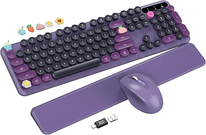 Wireless Keyboard and Mouse - Cute Typewriter Keyboard with Detachable Wrist Rest, Retro Round Keycaps, Foldable Legs, 2.4GHz Full-Size Keyboard Combo for PC, Laptop, Windows - Trueque (Grape Purple)