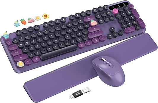 Wireless Keyboard and Mouse - Cute Typewriter Keyboard with Detachable Wrist Rest, Retro Round Keycaps, Foldable Legs, 2.4GHz Full-Size Keyboard Combo for PC, Laptop, Windows - Trueque (Grape Purple)