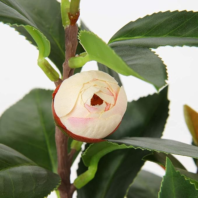 Briful Artificial Plants Mini Camellia Potted Fake Plants Small Faux Plastic Plants Desk Plant Artificial Flowers with Vase for Home Office Desk Kitchen Garden Indoor Decor