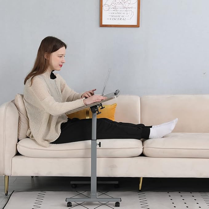 Adjustable Overbed Bedside Table with Wheels Hospital Bed Table Portable Computer Stands Movable Desk Computer Table for Bed Laptop Stand for Couch