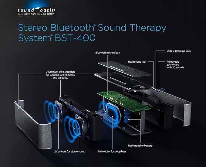 Sound Oasis Stereo Bluetooth Sound Machine for Sleep and Tinnitus Masking, 20 Non-Looping Soothing Sounds Plus Pink Noise, Hi-Fidelity Speakers, Portable Sound Therapy for Home, Baby, Office or Travel