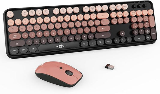 FOPETT Wireless Keyboard and Mouse Combo - 2.4G Full-Sized Cute Colorful Mouse and Keyboard with 104 Round Keys Retro Typewriter Keyboard for Laptop/Windows/PC - Pink Gradient