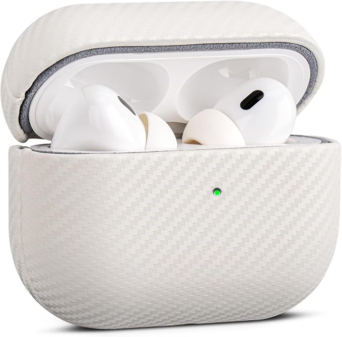 Leather Case - for AirPods Pro 2 Case Cover - Selected Skin-Friendly Leather, with Carbon Fibre Texture, Handmade Drop Protective Hard Cover for AirPods Pro 2nd Generation Earbuds - White
