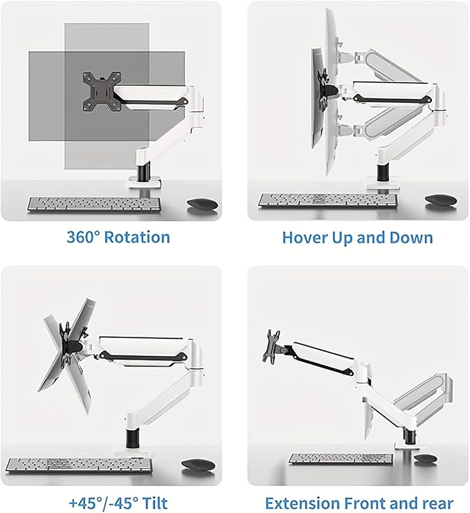 Ultrawide Monitor Arm for 13 to 32 inch Flat/Curved Computer Screen, Gas Spring Single Monitor Mount Holds up to 17.63 lbs, Clamp & Grommet Base, VESA 75x75/100x100mm, White