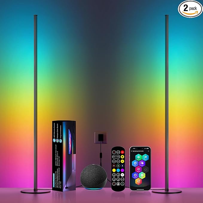 Corner Floor Lamp, RGB IC Smart Corner Lamps Work with Alexa, APP and Remote Control, Music Sync & Timing, Color Changing Ambient Lighting for Living Room Bedroom Gaming One Connected Pair