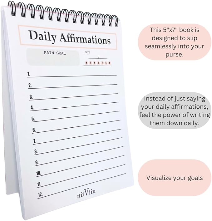 Daily Affirmations for Women - 50 Page Goals Journal, Write Your Own Positive Affirmations, Motivational Gifts for Women, 5"x7" Spiral Lined Pad, Pink, Black, White