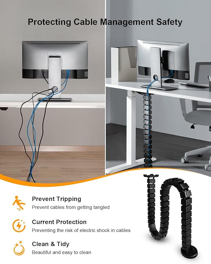 Under Desk Cable Management Vertebrae Fit for Sit Stand Desk Management, Magnetic Fixation Adjustable Length Cable Management Spinal, Flexible Chain Raceway Black
