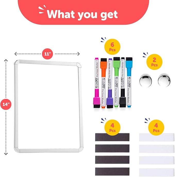 kedudes 11x14 Magnetic Dry Erase White Board - Mini Refrigerator Whiteboard Set - Lightweight Small Personal Memo Boards with 6 Markers - Smooth Surface and Eraser Caps - Fridge and Wall Mountable