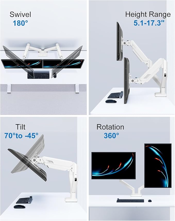 Dual Monitor Mount Fits 17 to 32 Inch Computer Screen, Dual Monitor Arm Hold 4.4-19.8lbs Each, Full Motion Monitor Desk Mounts for 2 Monitors, Gas Spring Monitor Stand, VESA Mount, Freelift