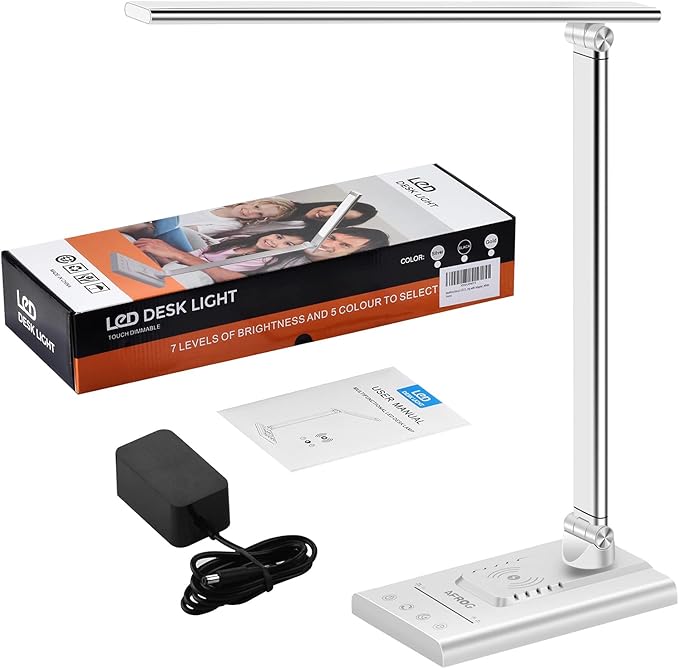 AFROG 5th Gen Multifunctional LED Desk Lamp with 10W Fast Wireless Charger, USB Charging Port,1800Lux Super Bright,5 Lighting Mode,7 Brightness, Touch Control, Auto Timer, 15W Office Table Lamp