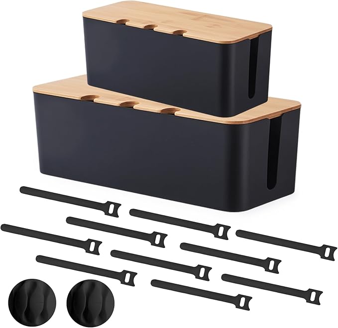 Cord Organizer Box Black 2 Pack, Wooden Cable Management Box with Cable Clip Holders and Reusable Cable Ties, Cord Management Box Cable Organizer Box with Bamboo Lid for Power Strip Extension Cord