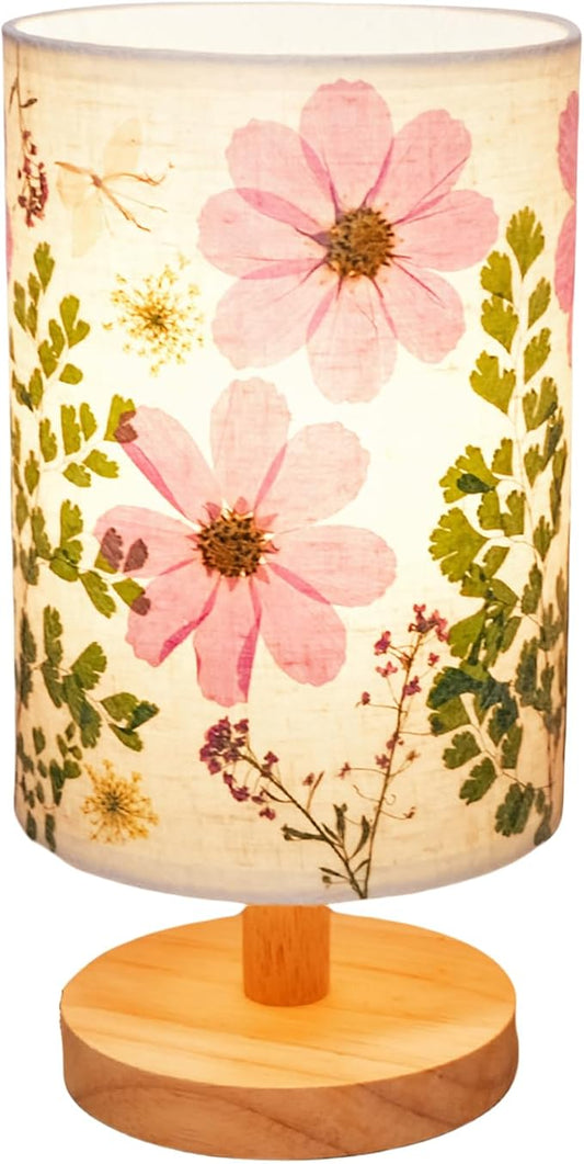 Dried Flowers Table Lamp 5W LED 3-Color Pressed Flower Bedside Lamp Linen Shade with Wood Base for Bedroom Living Room Desk Office