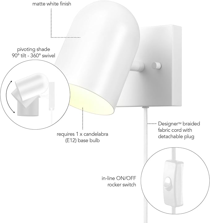 GLOBE Electric 65000146 1-Light Plug-in or Hardwire Wall Sconce, Matte White, 6ft White Braided Fabric Cord, in-Line Rocker Switch, Wall Lights for Living Room, Home Décor