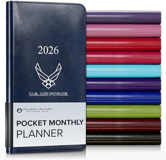 Gallery Leather Pocket Monthly Planner 2025-2026, Elegantly Bound Calendar Planner and Notebook with Stylish Gold-Gilded Page Edges, 18 Months - Acadia Navy - US Air Force - 6x3.25"