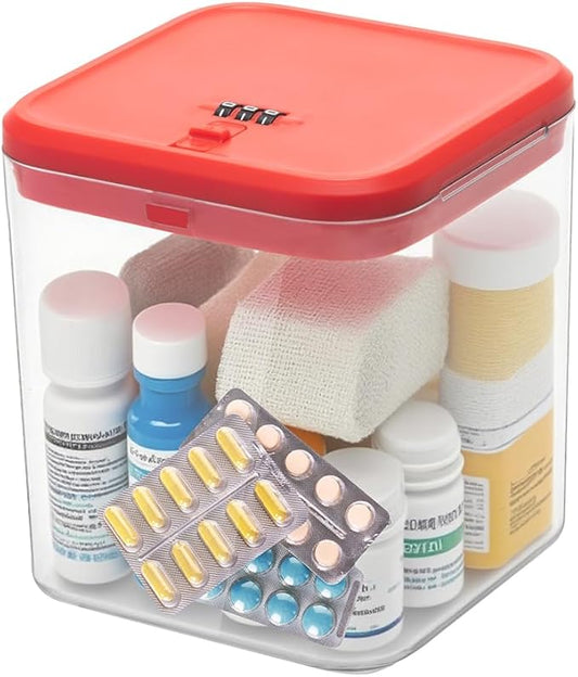 Clear Lockable Storage Box for Medicine Safe,Food Jar,Snacks,Phone - Secure Lock Box Refrigeator Container Bin Store Tank with Combination for Kitchen,Home,Office,Hospital (5.6×5.6×6.3 In) (Red)