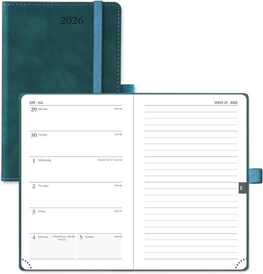 POPRUN Weekly Planner 2026 Pocket Size Calendar (4" x 6.25") 12 Months Notebook with Horizontal Layout, Leather Soft Cover, Inner Pocket, 100GSM Thick Paper, Pen Holder - Petrol Green