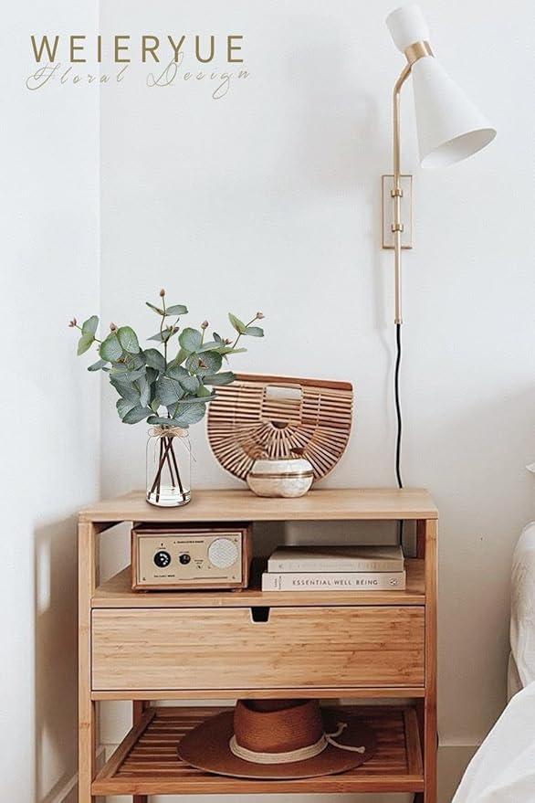 Artificial Eucalyptus Stems in Glass Vase with Faux Water,Artificial Plants Eucalyptus Leaves for Shelf Desk Bathroom Farmhouse Room Coffee Table Home Decor, Central Decoration.