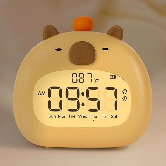 Capybara Alarm Clock with Night Light for Kids – Cute Digital Sleep Trainer with LED Display, 3 Alarms, Countdown Timer, Adjustable Brightness – Rechargeable Bedside Clock for Boys and Girls